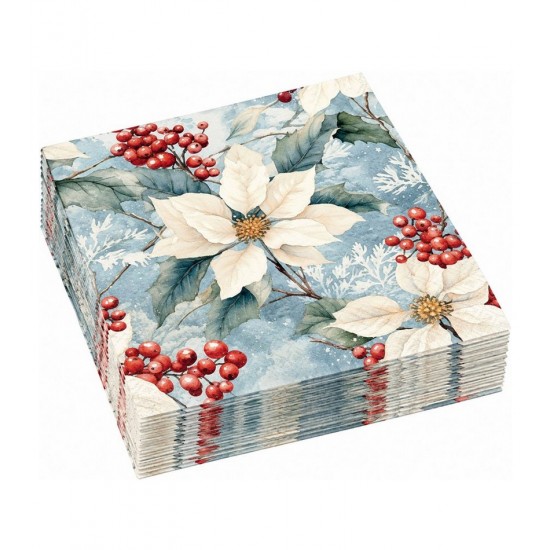 Pacote com 20 Guardanapos 33x33cm de Papel Mistura De Poinsetia de Inverno